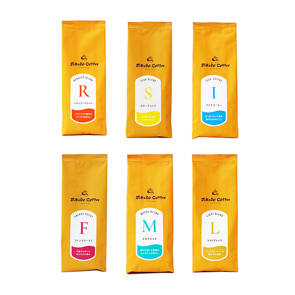 包裝設計欣賞米卡德＜常規(guī)混合＞ ＜明星混合＞ ＜冰咖啡＞ ＜法式烤＞ ＜摩卡混合＞ ＜淡混合＞ (米卡德咖啡商會) (圖1)